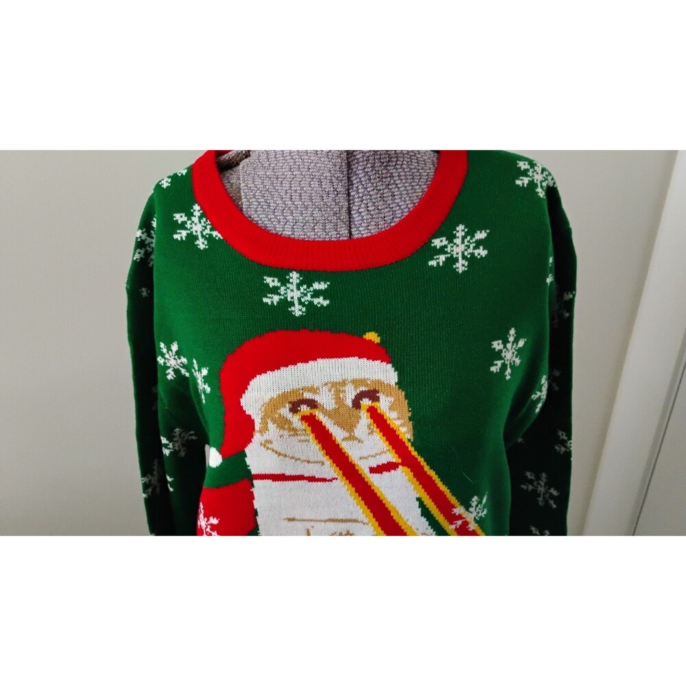 Ugly Christmas Sweater Cat Pizza Laser Eye Sz M Humor Holiday Party Unisex - Picture 3 of 8